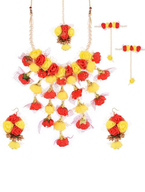 flower bridal necklace earring maang tikka set - 17898171 - Very Small Image - 1