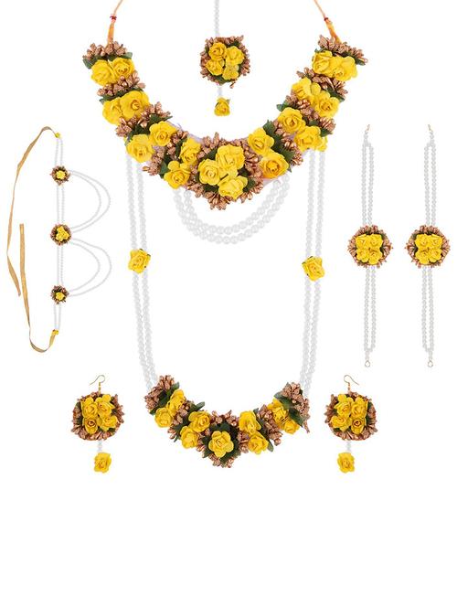 flower bridal necklace earring maang tikka set - 17898174 - Very Small Image - 1