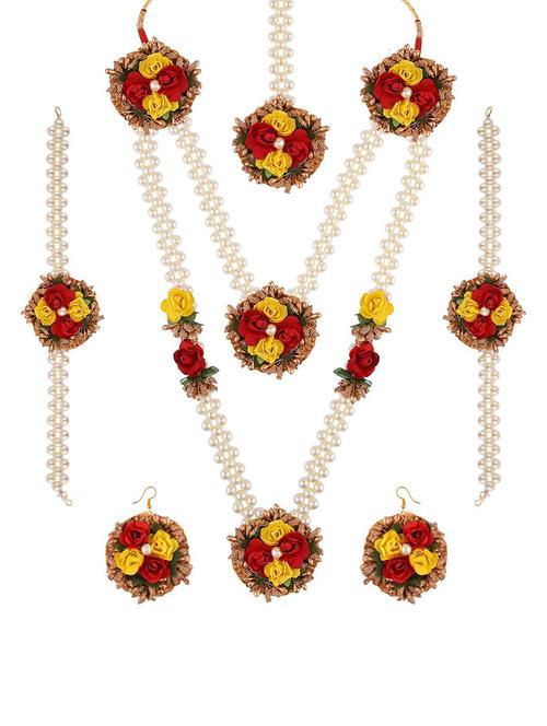 flower bridal necklace earring maang tikka set - 17898178 - Very Small Image - 1