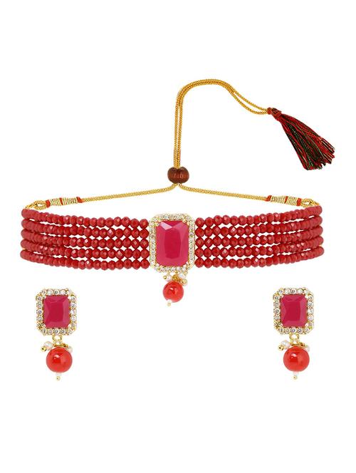 red multistrand crystal beads choker necklace and earrings set - 17898363 - Very Small Image - 1