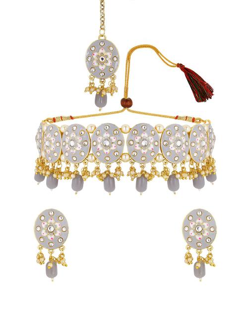 grey meenakari choker with earrings and mangtikka - 17898396 - Very Small Image - 1
