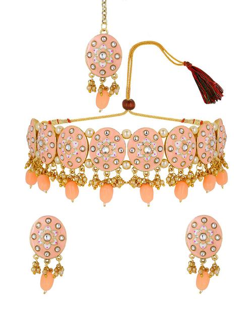 pink meenakari choker with earrings and mangtikka - 17898398 - Very Small Image - 1