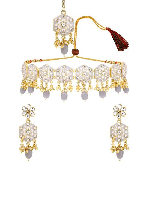 grey meenakari choker with earrings and mangtikka - 17898405 - Very Small Image - 1