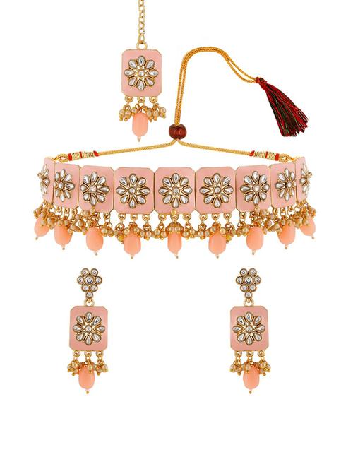 kundan choker necklace earring set with maang tikka - 17898408 - Very Small Image - 1