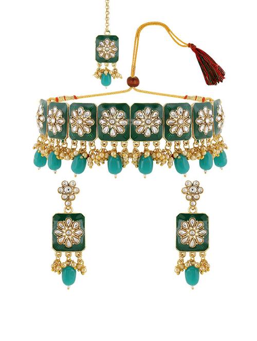 kundan choker necklace earring set with maang tikka - 17898411 - Very Small Image - 1