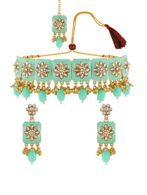 kundan choker necklace earring set with maang tikka - 17898412 - Very Small Image - 1