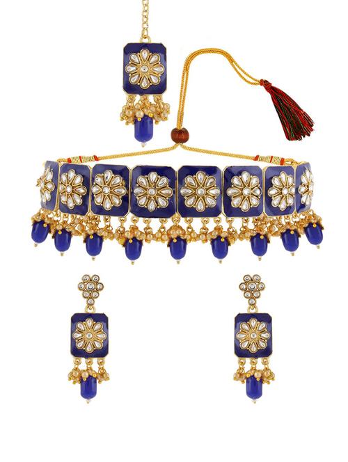 kundan choker necklace earring set with maang tikka - 17898413 - Very Small Image - 1