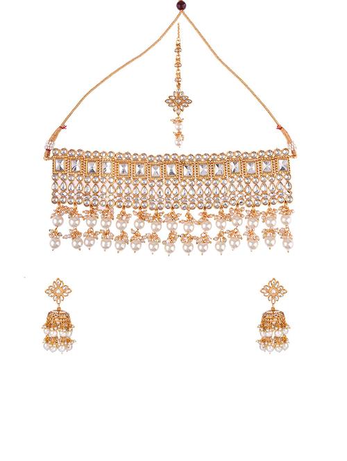 kundan choker necklace earring maangtika set - 17899745 - Very Small Image - 1