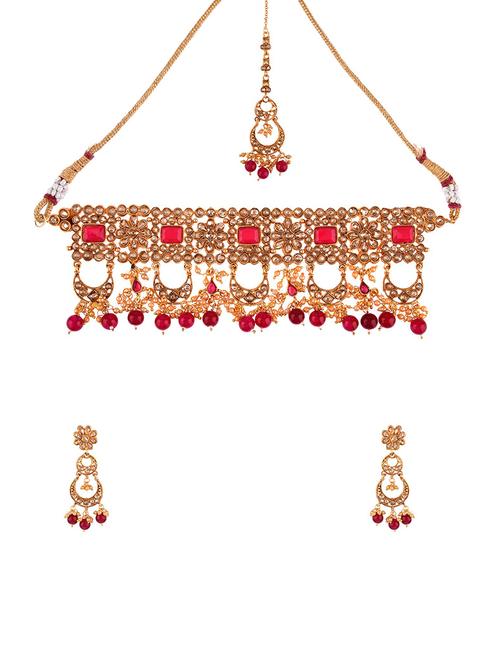 red kundan choker necklace chandbali earring & maangtika set - 17899757 - Very Small Image - 1