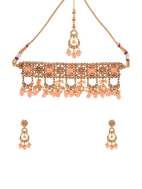pink kundan choker necklace earring & maangtika set - 17899760 - Very Small Image - 1