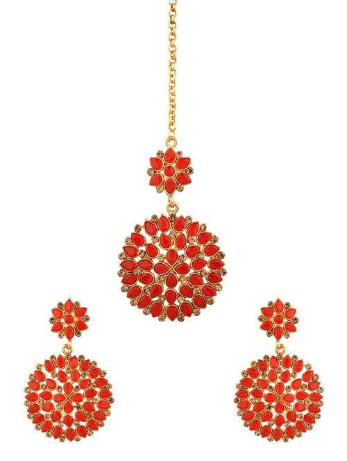 red kundan maang tikka with earrings set - 17899813 - Very Small Image - 1