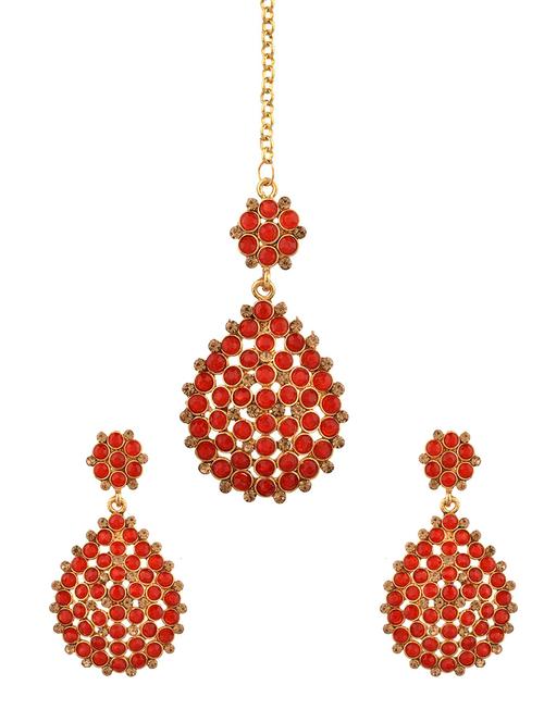 red kundan maang tikka with earrings set - 17899818 - Very Small Image - 1