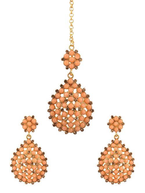 orange kundan maang tikka with earrings set - 17899822 - Very Small Image - 1