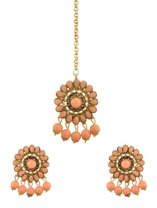 orange kundan maang tikka with earrings set - 17899829 - Very Small Image - 1