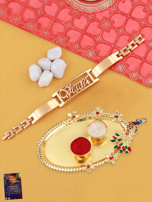 gold plated bracelet rakhi with roli chawal kankawati thali and greeting card - 17900816 - Very Small Image - 1