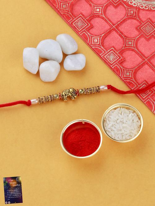 set of 2 gold plated thread rakhi with roli chawal kankawati thali and greeting card - 17900851 - Very Small Image - 1