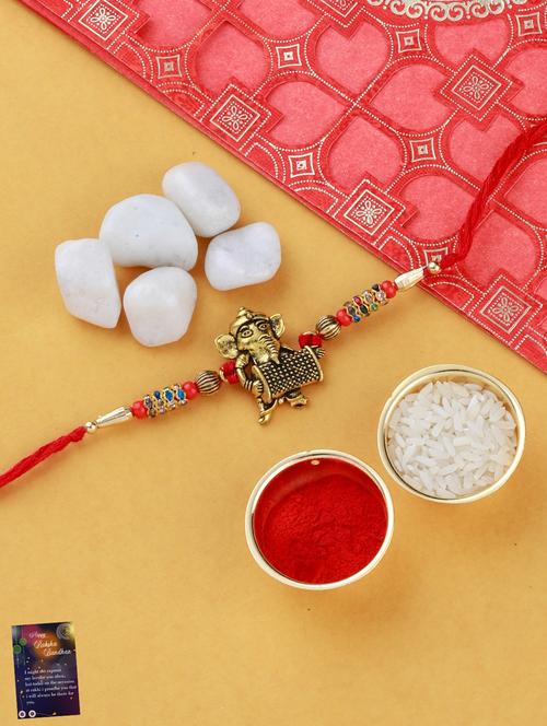 set of 5 gold plated thread rakhi with roli chawal kankawati thali and greeting card - 17900878 - Very Small Image - 1