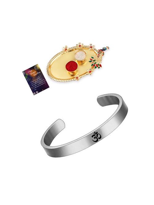 silver plated bangle rakhi with roli chawal kankawati thali and greeting card - 17900897 - Very Small Image - 1