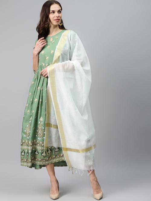 olive floral kurta dupatta set - 17901197 - Very Small Image - 1