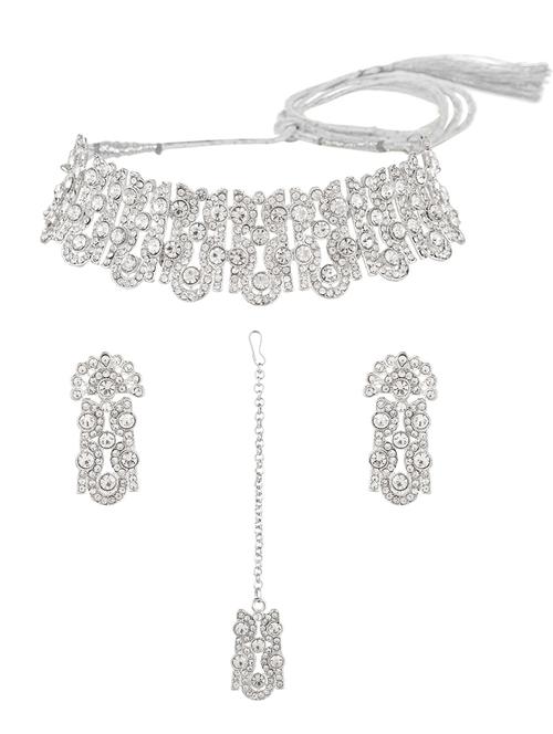 silver austrian diamond choker necklace maangtika earring set - 17903155 - Very Small Image - 1