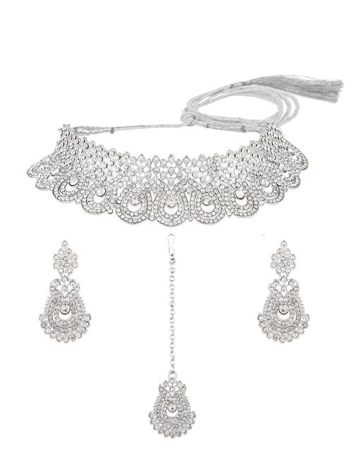 silver austrian diamond choker necklace maangtika earring set - 17903158 - Very Small Image - 1