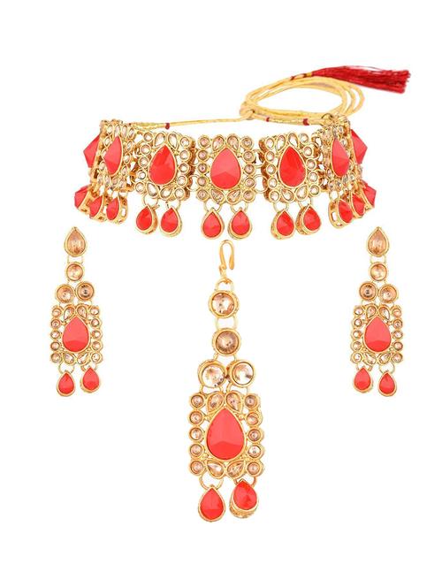 red traditional crystal choker necklace earring maangtika set - 17903176 - Very Small Image - 1