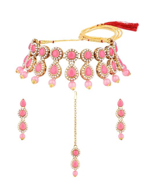 pink crystal choker necklace maangtika earring set - 17903183 - Very Small Image - 1