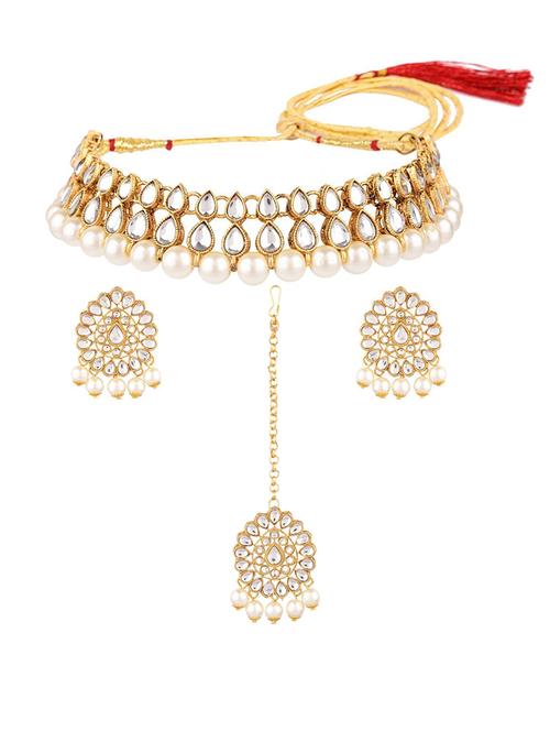 white crystal choker necklace earring maangtika set - 17903200 - Very Small Image - 1