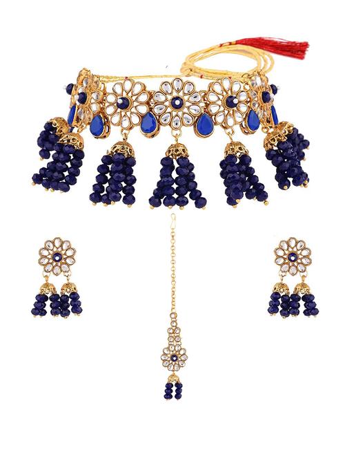 navy blue choker necklace earring maangtika set - 17903265 - Very Small Image - 1