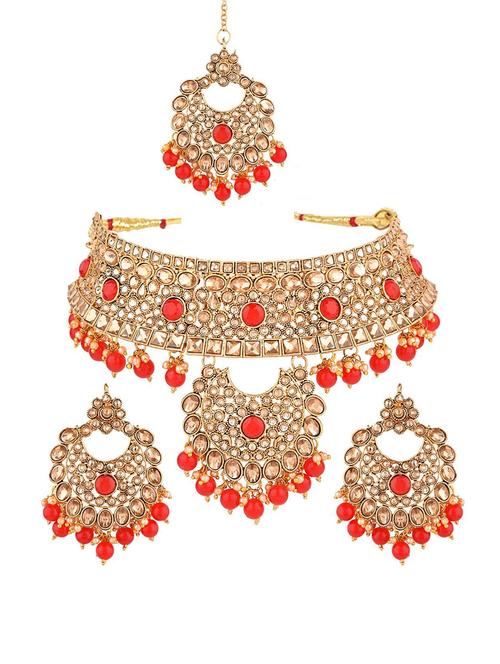 red crystal choker necklace dangle earring maangtika set - 17903282 - Very Small Image - 1