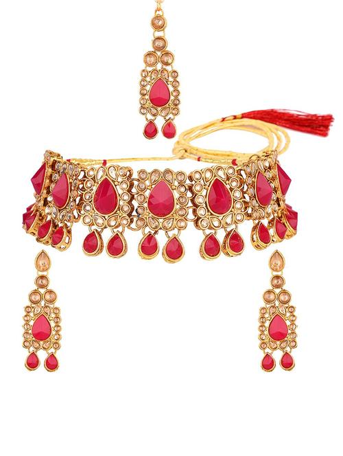 red choker necklace earring maangtikka jewellery set - 17903894 - Very Small Image - 1