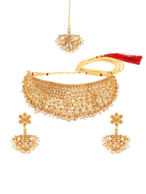 crystal choker necklace earring maangtikka set - 17903911 - Very Small Image - 1
