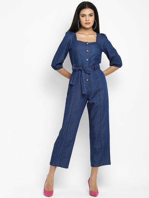 tie front denim full leg jumpsuit - 17904063 - Very Small Image - 1