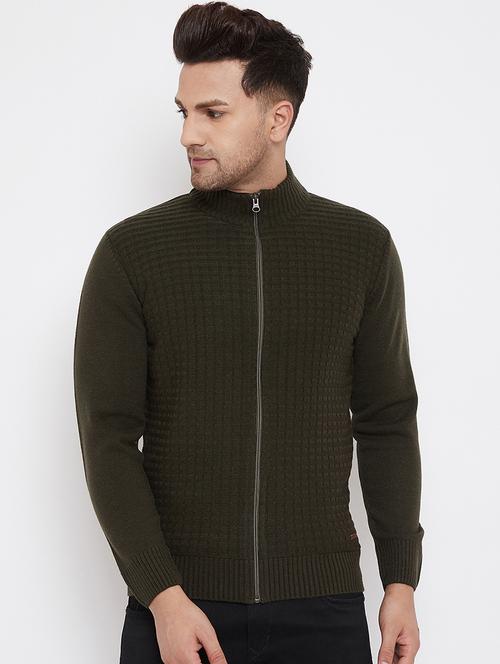 olive green self design pullover - 17905112 - Very Small Image - 1