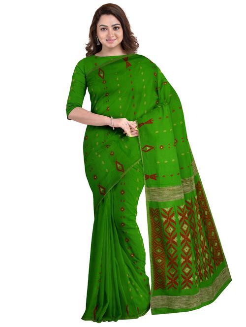 green cotton blend handloom saree with blouse - 17905923 - Very Small Image - 1