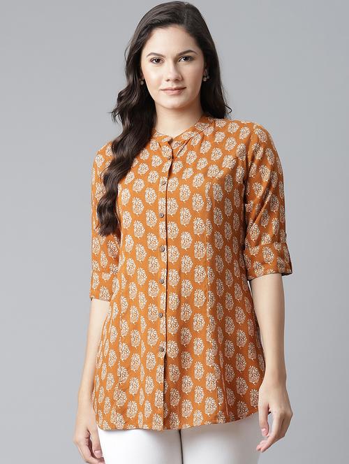 orange mandarin neck printed tunic - 17906613 - Very Small Image - 1
