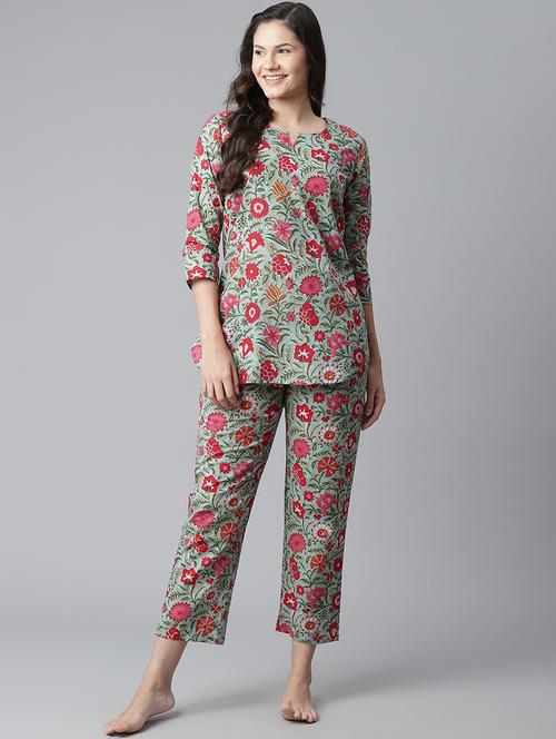 notch neck printed nightwear pajama set - 17906719 - Very Small Image - 1