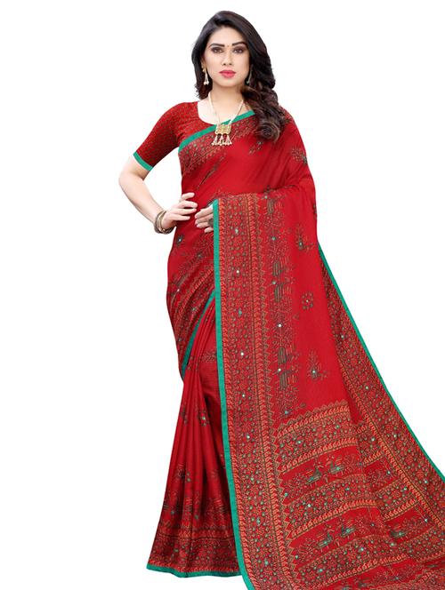 red printed saree with blouse - 17909052 - Very Small Image - 1