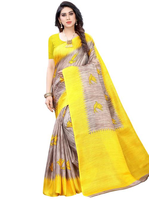 yellow printed saree with blouse - 17909160 - Very Small Image - 1