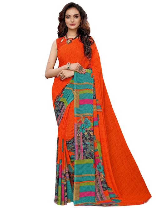 orange printed saree - 17909241 - Very Small Image - 1