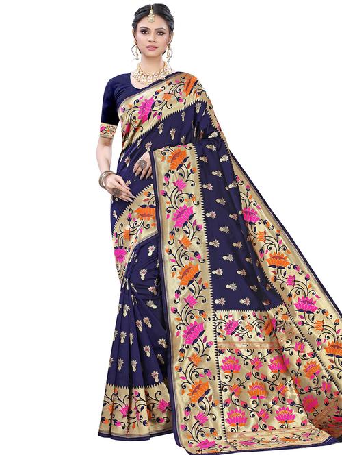 navy blue banarasi saree with blouse - 17909328 - Very Small Image - 1