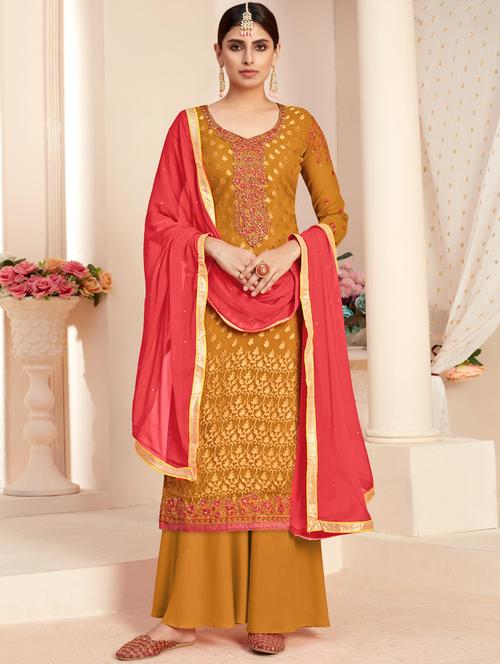 yellow viscose semistitched suit - 17909412 - Very Small Image - 1