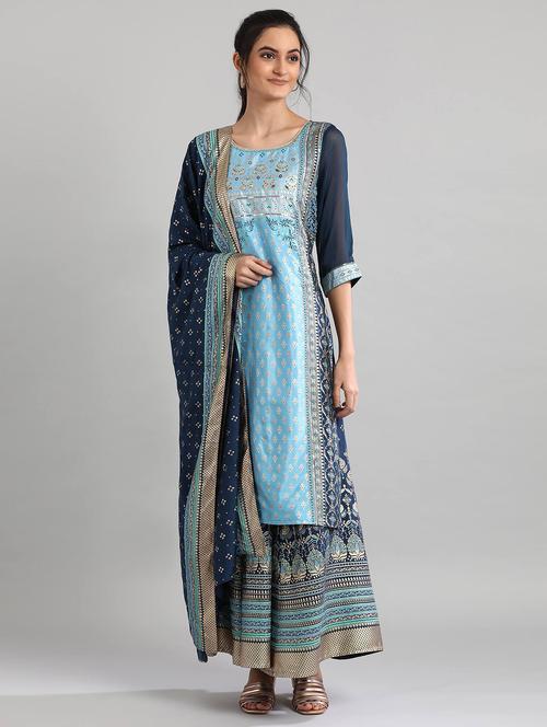 turquoise gold printed kurta skirt set - 17911330 - Very Small Image - 1