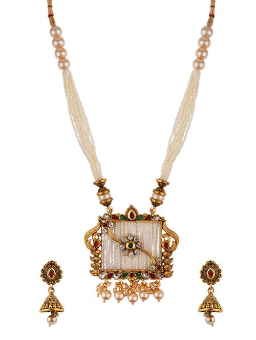 gold plated kundan pearl strand pendant necklace earring set - 17911712 - Very Small Image - 1