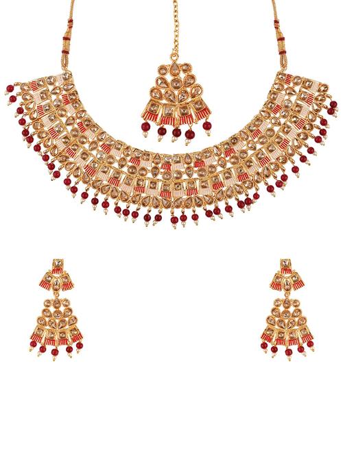 traditional bridal kundan choker necklace earring maangtika set - 17911717 - Very Small Image - 1
