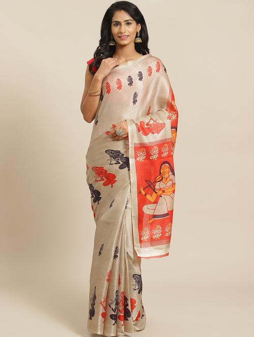 women's madhubani beige colored saree - 17914069 - Very Small Image - 1