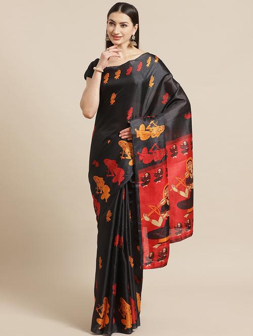 women's printed black colored saree with blouse - 17914088 - Very Small Image - 1