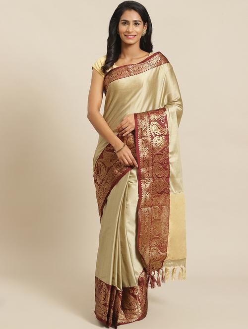 women's bordered beige colored saree with blouse - 17914211 - Very Small Image - 1