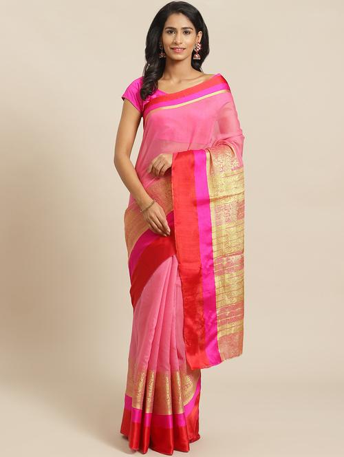 women's bordered pink colored saree with blouse - 17914214 - Very Small Image - 1
