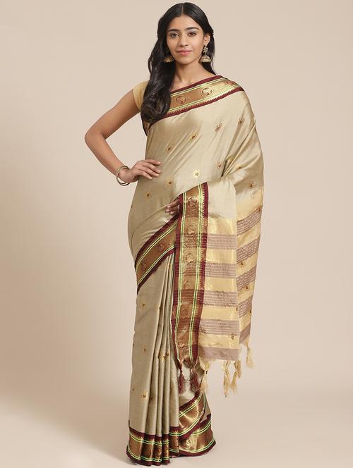 women's self design cream colored saree with blouse - 17914296 - Very Small Image - 1